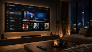 TiviMate App Benutzeroberfläche mit TV-Guide auf einem Smart TV im Wohnzimmer